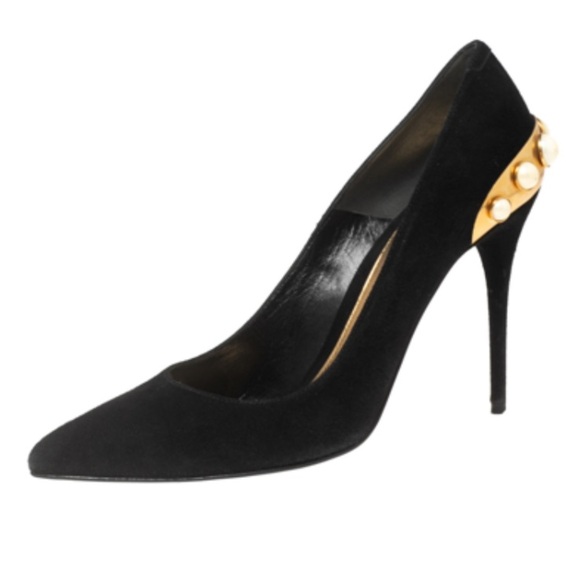 Alexander McQueen Black Suede Pearl Embellished Pointed Toe Pumps - Picture 1 of 16